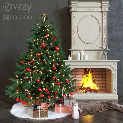 New Year's live tree and fireplace
