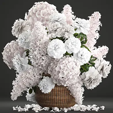 Bouquet of white flowers 82. Flowers, hydrangea, basket, peonies, lilac, eco design, natural decor, table decoration