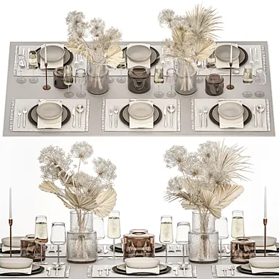 Table setting for 6 persons with cutlery, a glass of wine, decor and a bouquet of dried flowers borschevik. 29