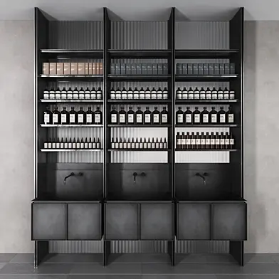 Cosmetic set glass and metal shelving