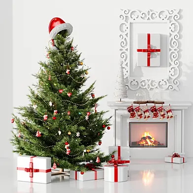 Christmas tree with hat and fireplace
