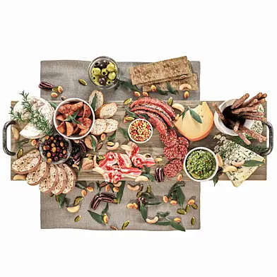 Tray with sausages, cheese and fruit. For beer
