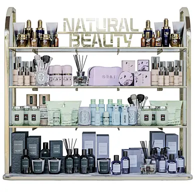 Large rack with makeup cosmetics in a beauty salon