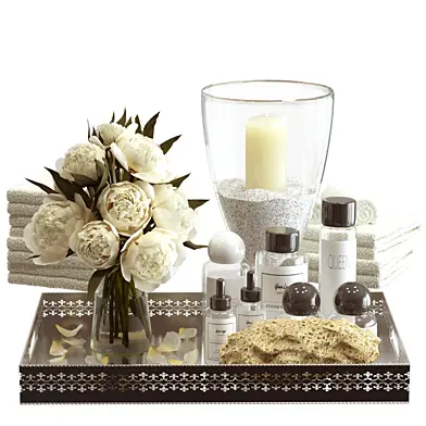 Decorative set for bathroom with candles and bouquet of peonies