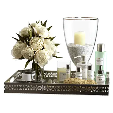 Decorative set for bathroom with candles and bouquet of peonies