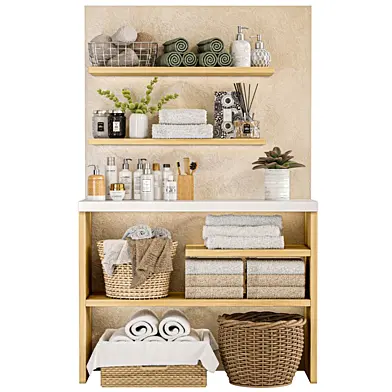 A cabinet with decor for a bathroom or pantry