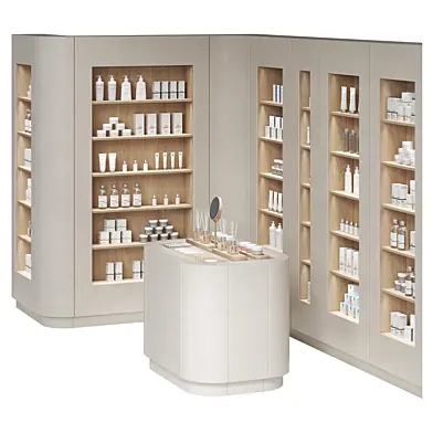 Modular Cosmetics Retail Display Set with Skincare Shelves and Makeup Island