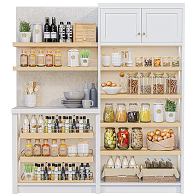 Cabinet with kitchen utensils, fruits, and vegetables