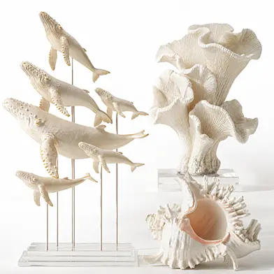Designer marine set of white ceramics with figurines of whale, white coral, seashell, school. Collection 140.