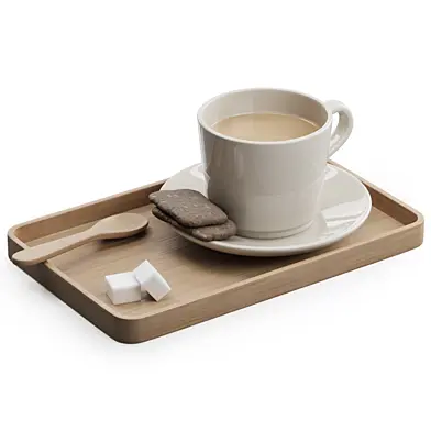 Decorative coffee set on a wooden tray sugar and cookies 13