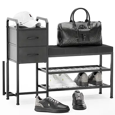 Decorative black bench shoe cabinet for the hallway minimalism shoes sneakers cap bag backpack in the wardrobe leather. Collection 175.