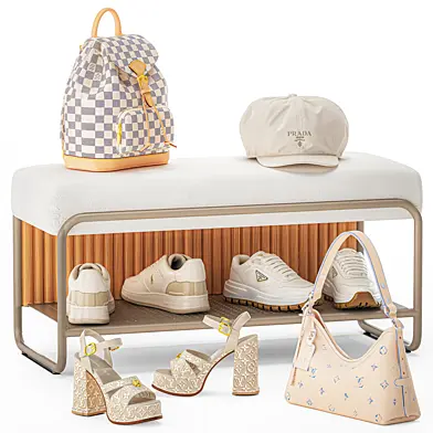 Decorative white bench shoe cabinet for the hallway minimalism shoes sneakers bag LOUIS VUITTON cap backpack in the wardrobe leather. Collection 184