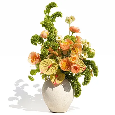Beautiful large bouquet of flowers from Zara Home in a white modern branch vase, Anthurium, Poppy, Hydrangea, Moluccella, wildflowers. Set 832.