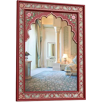 Eastern Wall Mirror in a red painted frame with a Mughal Arch