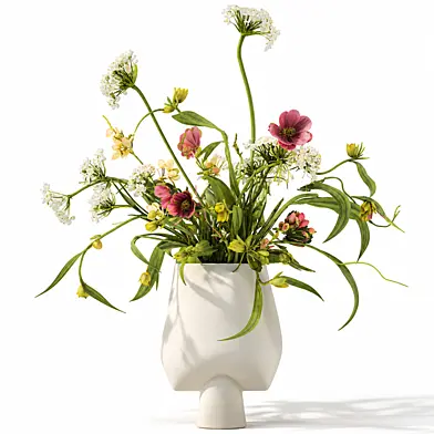 101 Copenhagen Minimalist bouquet of green and white flowers in a modern rectangular vase with branches and leaves Allium Hellebore. Set 863.