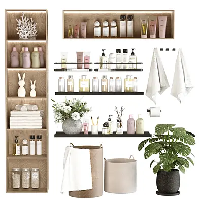 Decorative set for the bathroom with cosmetics and shampoos
