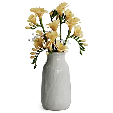 Bouquet of yellow Freesia flowers with white gypsophila in a ceramic vase 03
