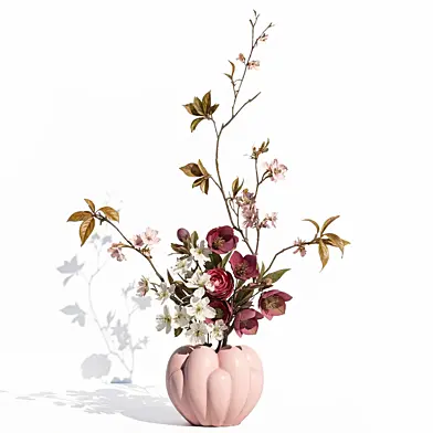 101 Copenhagen Minimalist bouquet of burgundy flowers in a modern pink bubble vase with branches and leaves Blooming cherry, sakura, buttercup. Set 866.