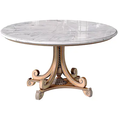 Large Classic Round Dining Table with White Marble Top on Carved Wooden Base