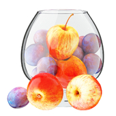 Apples and Plums in a Round Glass Vase