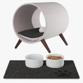 Tunnel for cat and bowls of food