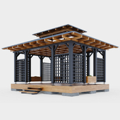 Wooden gazebo with decorative lathing