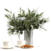 Decorative set with bouquet, coffee and cookies