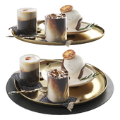 Decorative set with coffee and dessert on a tray