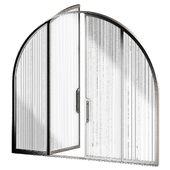 Arched door made of metal and glass. Ribbed and standard glass.