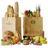A bag of food with vegetables, fruits, bread