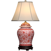 Lotos Red & White Ceramic Ginger Jar Nightstand Bedside Asian Table Lamp