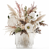 Bouquet of flowers in a glass vase with hydrangea, poppy, branches. Set 512.