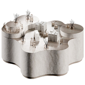 Island showcase with products. A stand with smoothly shaped products.