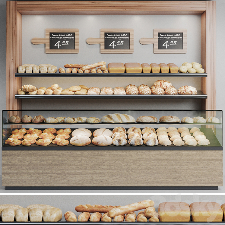 Bakery with delicious pastries, bread and baguette. Bakery - Shop - 3D ...