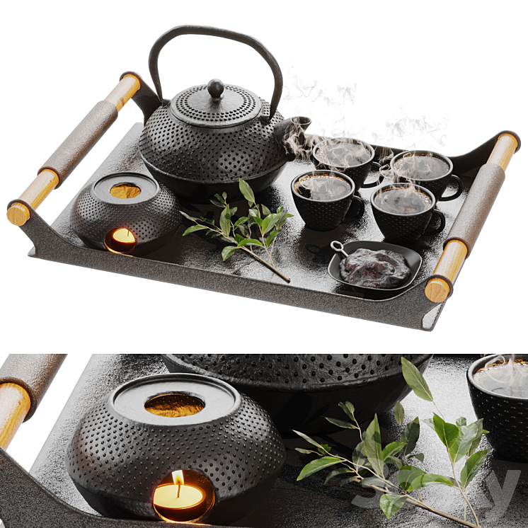 Zen Tea Ritual Set Kettle Iron Tea Set on Tray Zen Tea Ceremony Pack - Tableware - 3D model