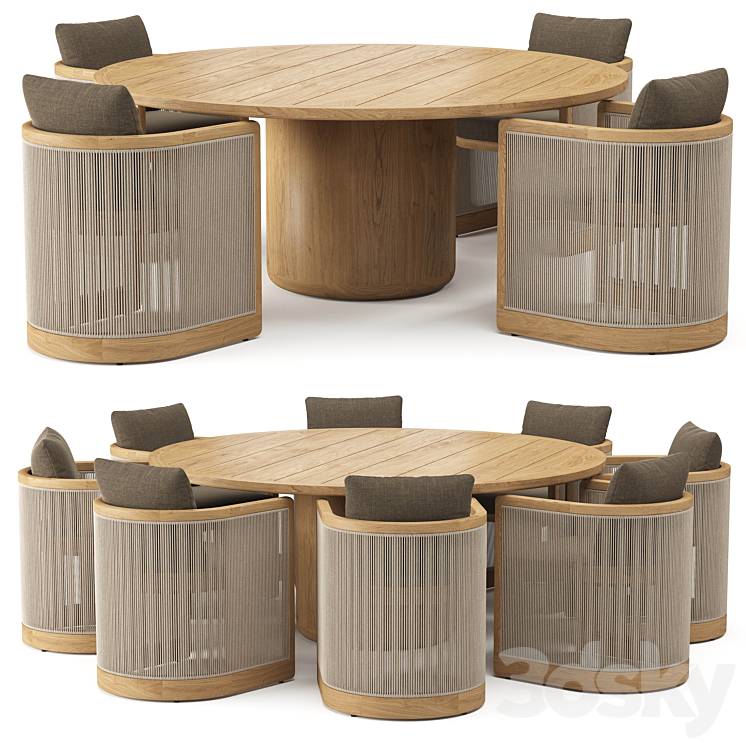 Rh Table Ronde RH Brera Teak Round Dining Table 72 - Table + Chair - 3D model